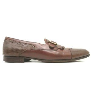 Santorini Brown Lizard Print Leather Kilt Buckle Slip On Loafers Shoes Men's 9.5